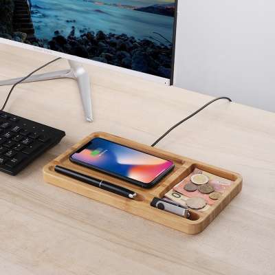 New Item Environmental Protective Bamboo Wireless Charger QI Storage Tray Available Adapter Charging Base Wireless Charger Pad